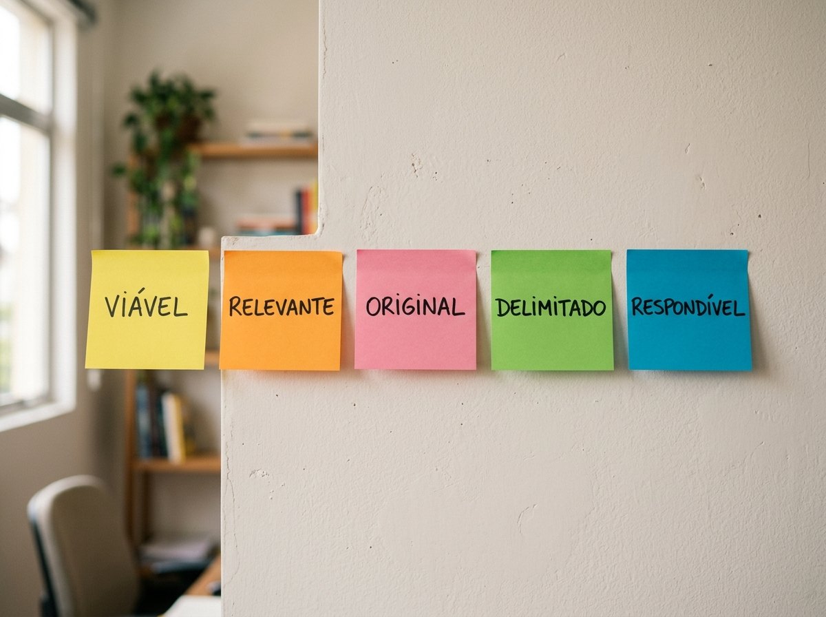 Cinco notas adesivas coloridas na parede com os criterios viavel, relevante, original, delimitado e respondivel