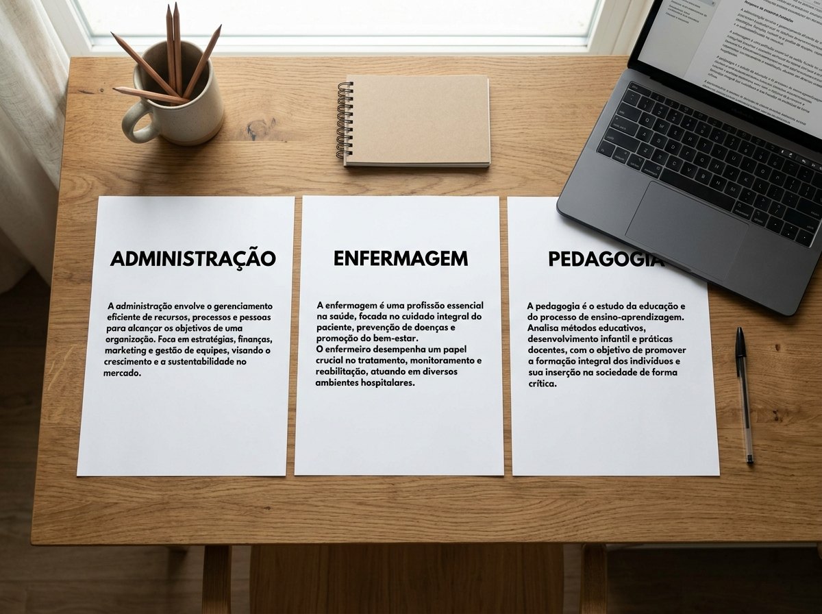 Tres folhas impressas lado a lado com exemplos de administracao, enfermagem e pedagogia