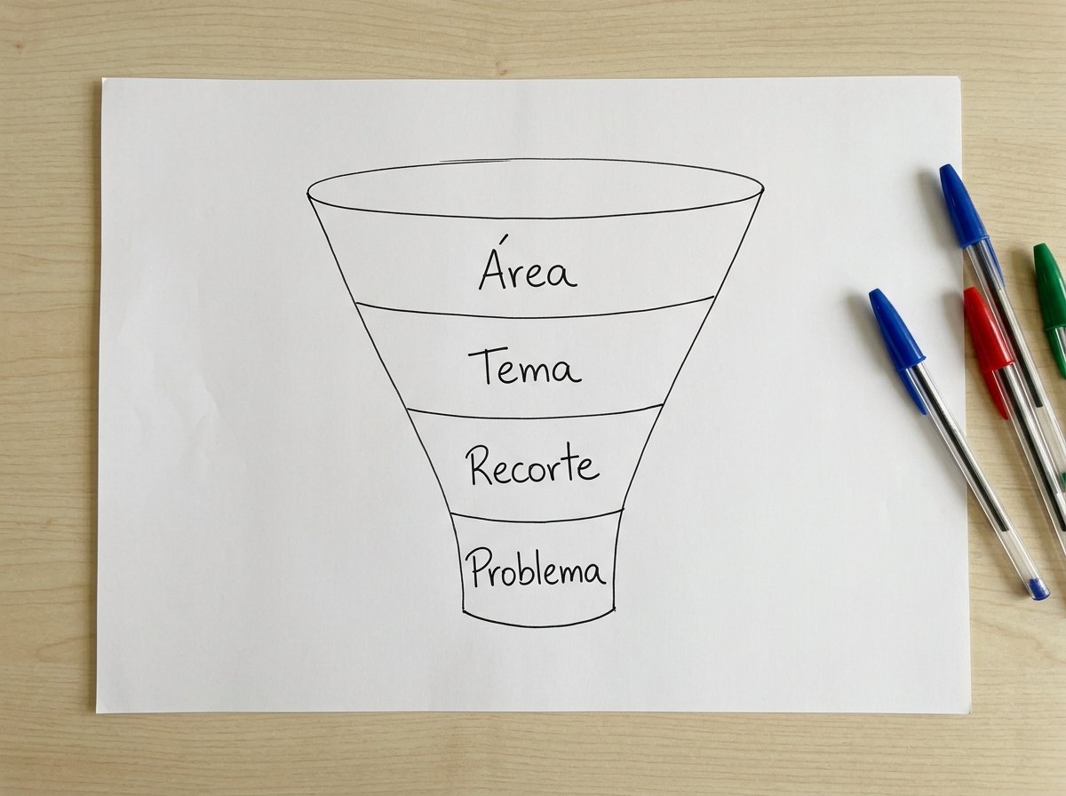 Funil do tema ao problema de pesquisa: area, tema, recorte e problema