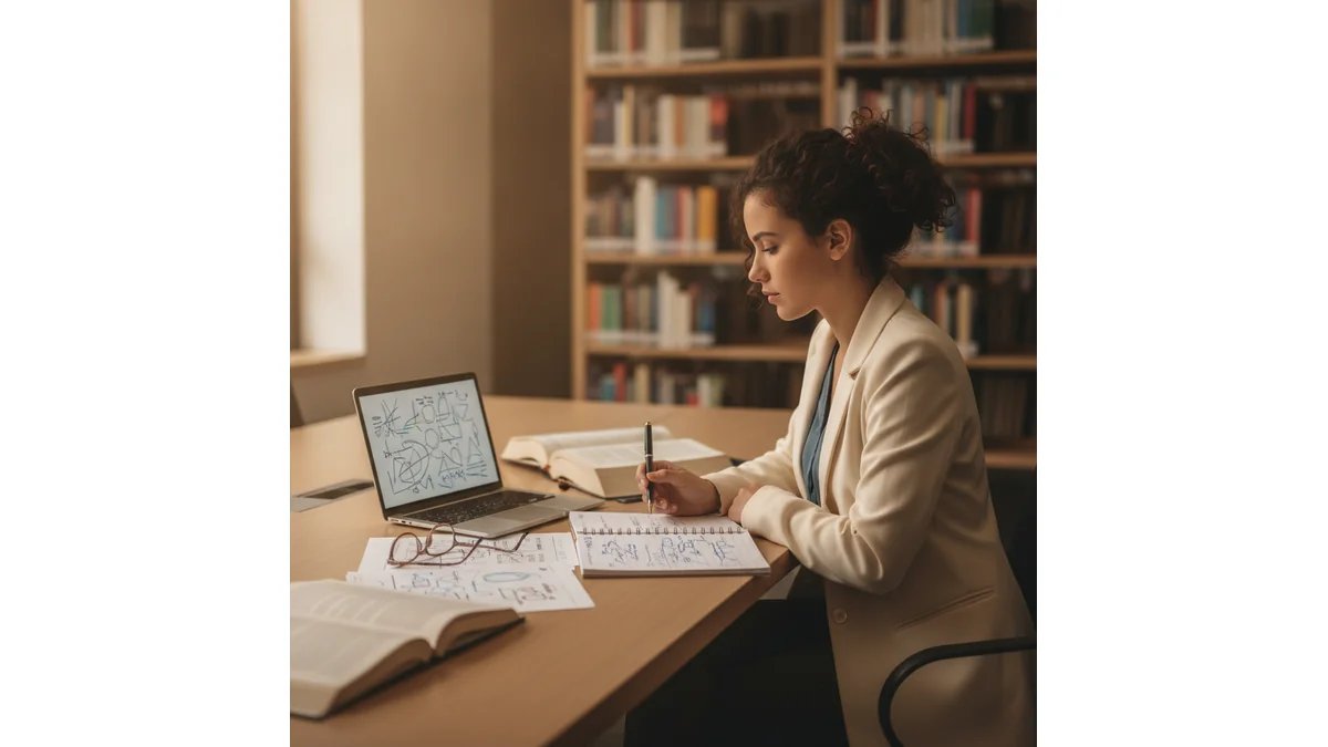 Estudante trabalhando em projeto integrado no computador, com documentos e anotações ao redor, representando o processo de estruturação de um projeto integrado Anhanguera
