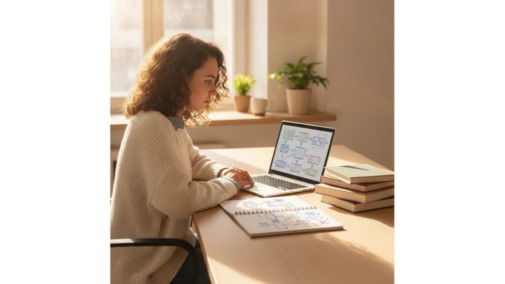 Estudante universitária em frente a um computador, com anotações e documentos sobre projeto integrador em ambiente de home office
