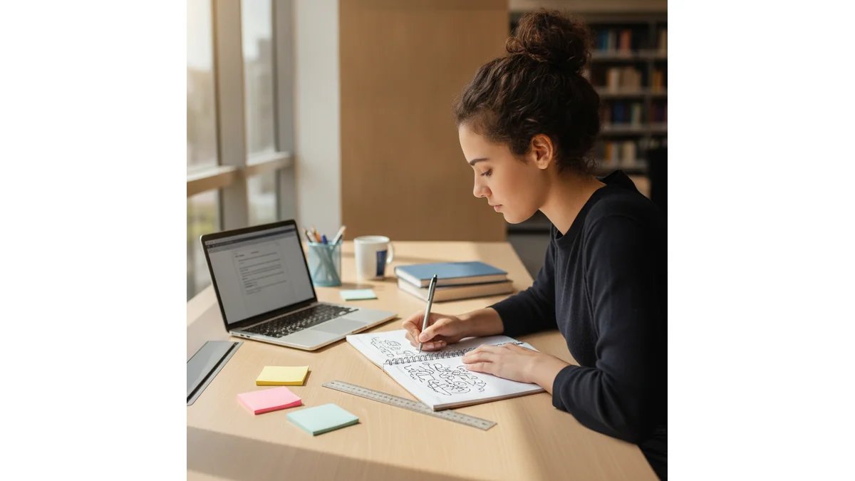 Estudante universitário planejando TCC com notebook aberto, caderno de anotações e régua, ambiente de estudo organizado, luz natural