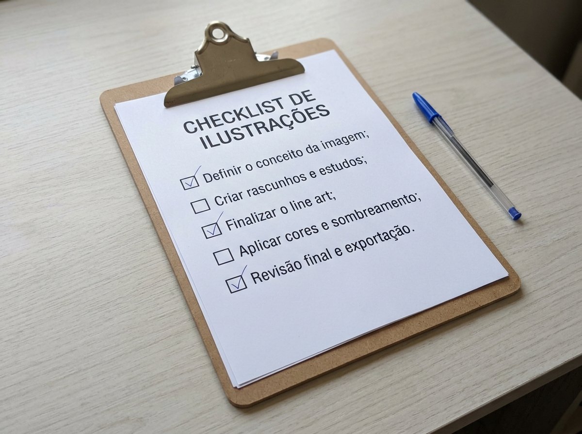 Prancheta com lista de verificacao de ilustracoes e caneta azul