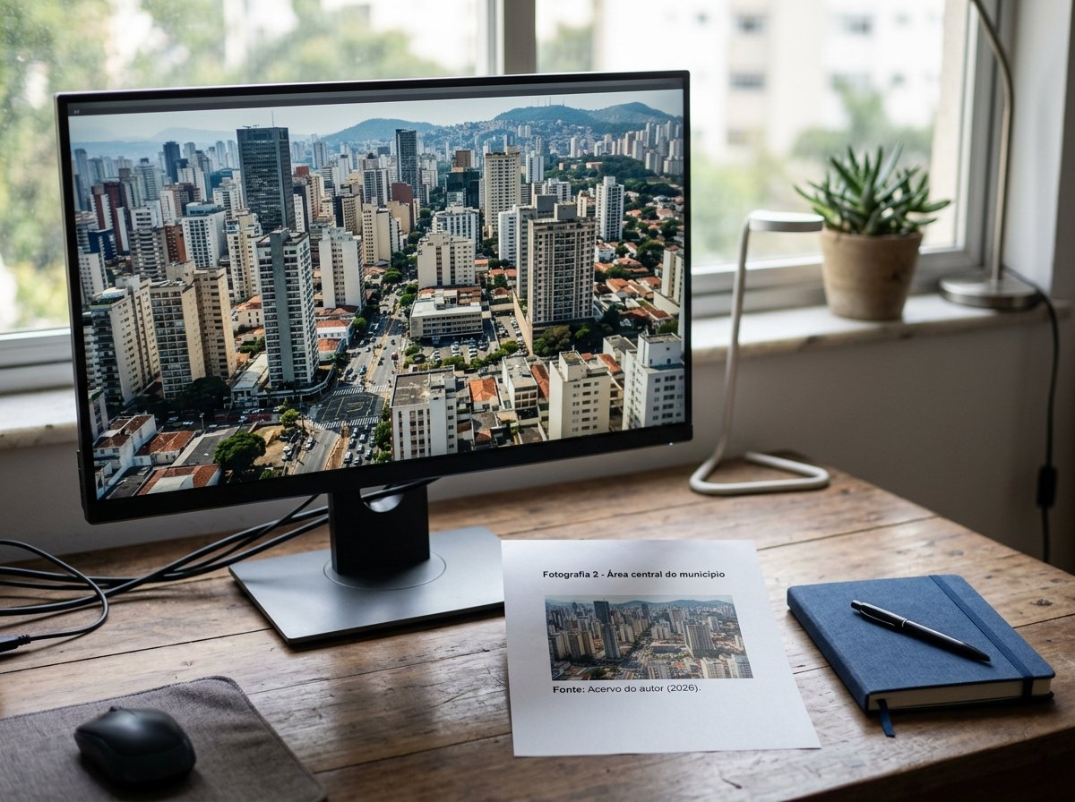 Monitor exibindo fotografia urbana ao lado de folha impressa com a mesma imagem legendada