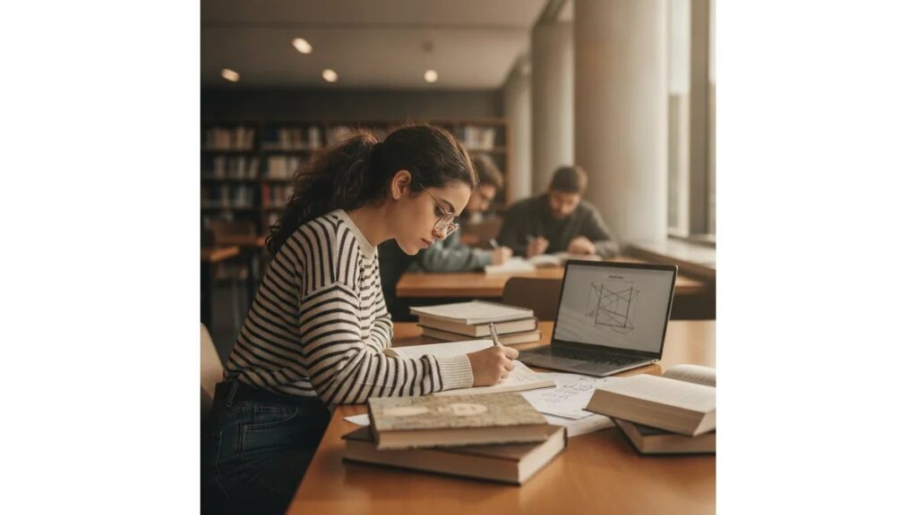 Estudante de Pedagogia analisando relatório de estágio gestão escolar em mesa de biblioteca com laptop e documentos