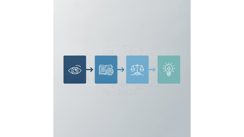 Diagrama visual mostrando as etapas de análise crítica: Observação → Teoria → Crítica → Sugestões. Com exemplos visuais para cada etapa.