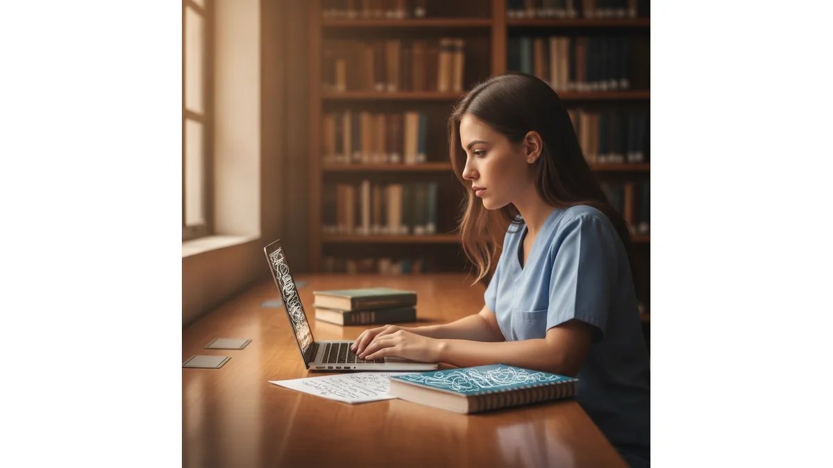 Estudante de técnico em enfermagem digitando relatório de estágio em notebook, com documentos e anotações sobre ABNT ao lado, em ambiente de biblioteca ou sala de estudo