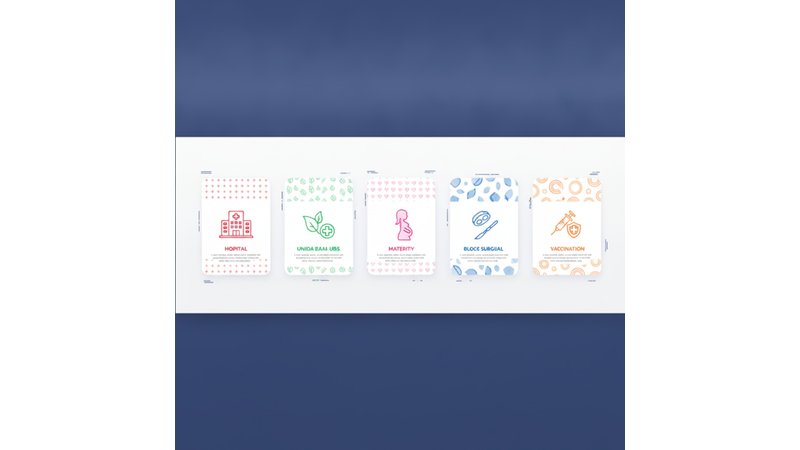 Infográfico mostrando os 5 locais de estágio (hospital, UBS, maternidade, bloco cirúrgico, sala de vacina) com ícones e características principais de cada um