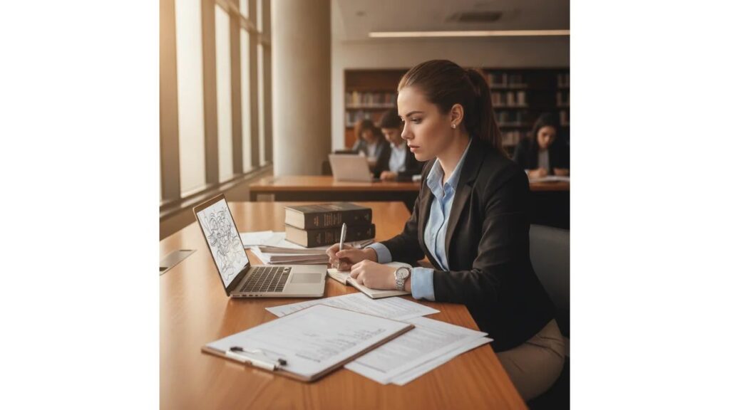 Estudante de Direito documentando relatório de estágio obrigatório direito com computador, documentos e checklist na mesa