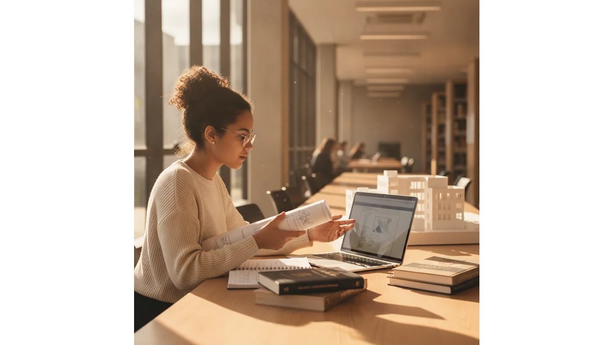 Relatório de estágio em engenharia civil: estudante de engenharia civil analisando documentos e estruturando relatório de estágio em computador, com elementos visuais de normas ABNT e estrutura de relatório ao fundo
