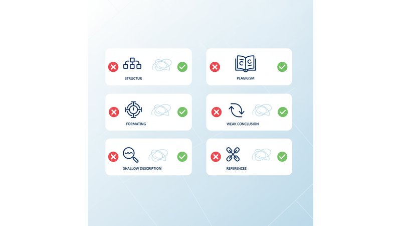 Infográfico visual mostrando os 6 erros mais comuns (estrutura incompleta, formatação incorreta, descrição superficial, plágio, conclusão fraca, referências mal formatadas) com ícones e soluções