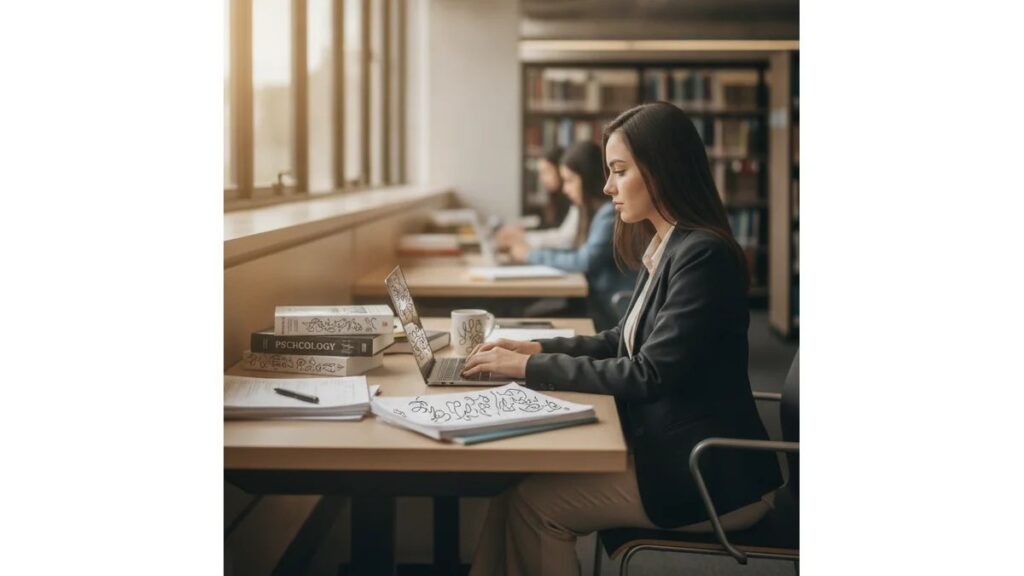 Estudante de psicologia digitando relatório de estágio em notebook, com livros de psicologia e documentos ao fundo em ambiente de biblioteca universitária