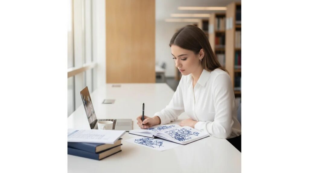 Profissional de Serviço Social revisando Como Fazer Relatório de Estágio em Serviço Social em mesa de trabalho com notebook, documentos organizados e checklist ABNT em ambiente acadêmico moderno