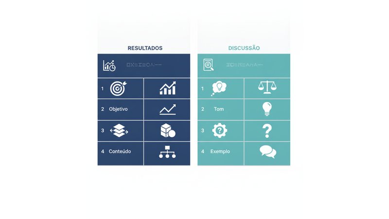 Tabela visual comparativa com duas colunas (Resultados | Discussão) e 4 linhas (Objetivo, Tom, Conteúdo, Exemplo)