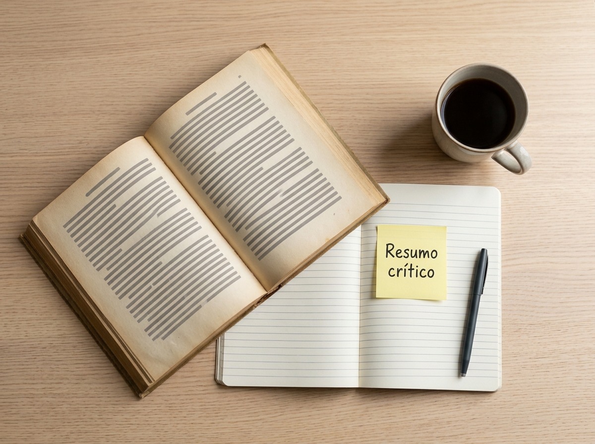 Livro aberto e caderno com ficha escrita resumo critico sobre a mesa