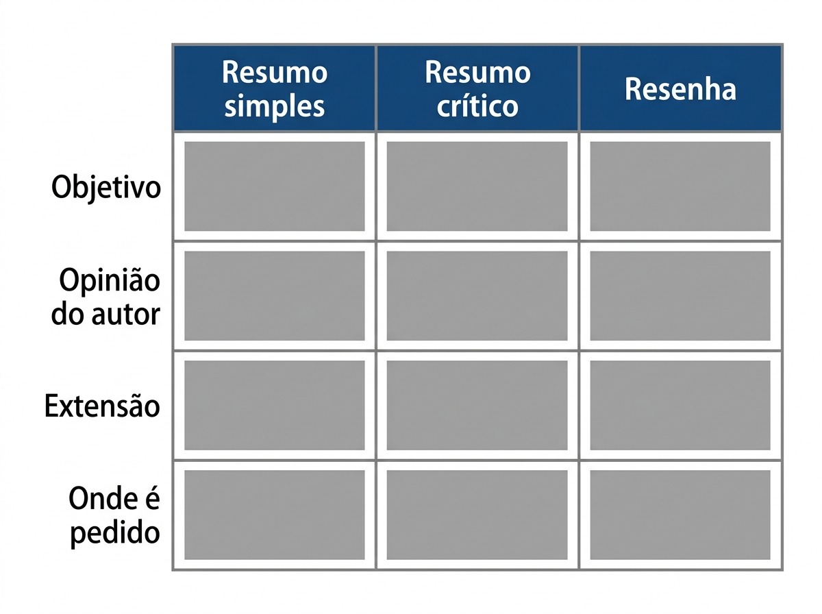 Tabela comparando resumo simples, resumo critico e resenha