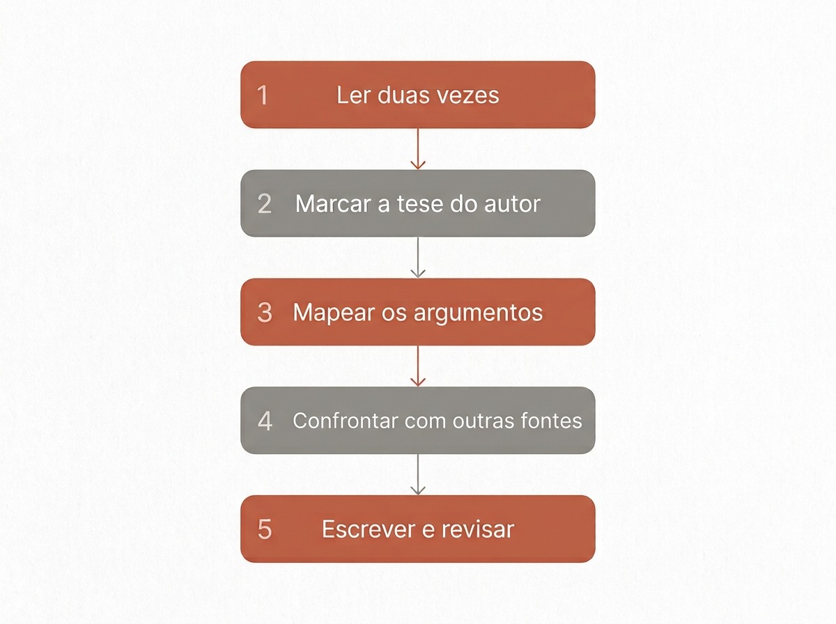 Infografico com as cinco etapas de como fazer um resumo critico