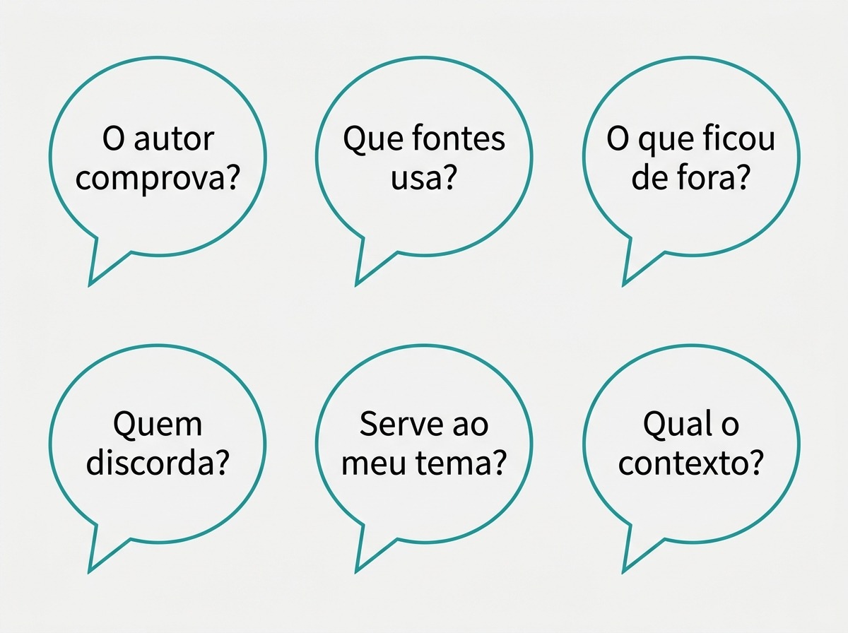 Baloes com as perguntas que geram a avaliacao critica
