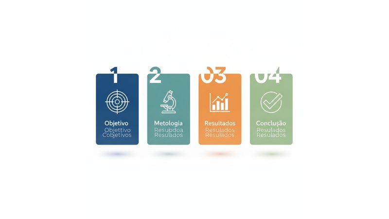Diagrama visual mostrando os 4 parágrafos do resumo em sequência: Parágrafo 1 (Objetivo) em azul, Parágrafo 2 (Metodologia) em verde, Parágrafo 3 (Resultados) em laranja, Parágrafo 4 (Conclusão) em vermelho, com setas indicando fluxo