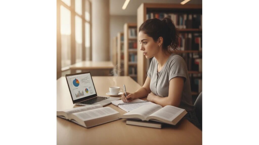 Estudante universitária brasileira organizando Revisão Bibliográfica para TCC em seu computador, cercada por livros acadêmicos e anotações em ambiente de biblioteca moderna