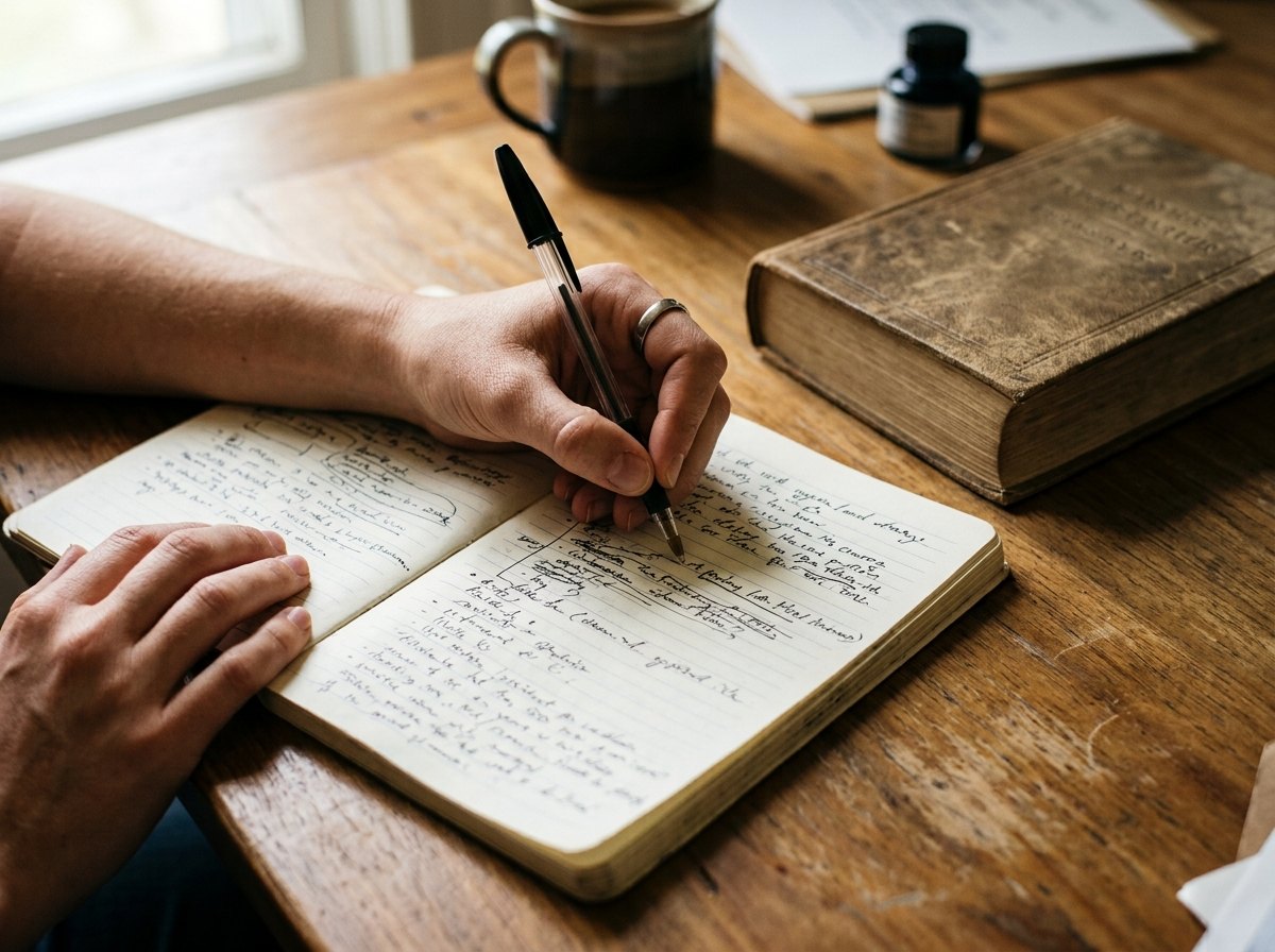 Folhas de texto impresso com anotacoes a lapis nas margens e trechos circulados