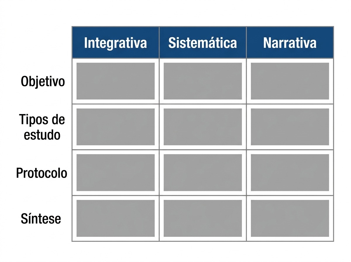 Tabela comparando revisao integrativa e sistematica e narrativa