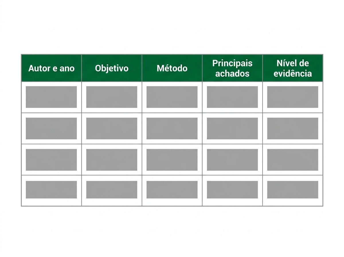 Revisao integrativa exemplo de quadro de extracao com autor, objetivo, metodo, achados e nivel de evidencia
