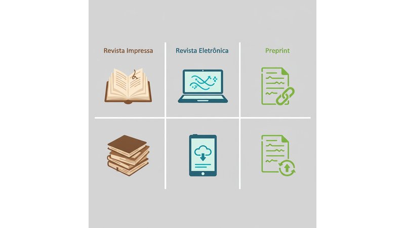 Tabela comparativa visual com três colunas (Revista Impressa | Revista Eletrônica | Preprint) mostrando diferenças em: Acesso, DOI, URL, Data de Acesso, Exemplo
