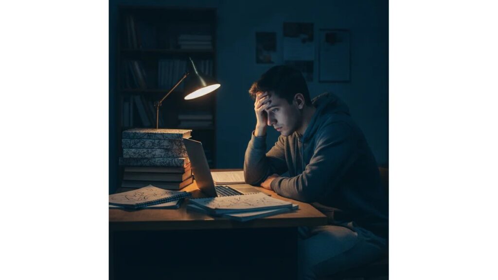 Estudante universitário preocupado olhando laptop com expressão de estresse, pilha de livros ao lado, ambiente de estudo noturno — ilustra riscos de usar TCC pronto PDF