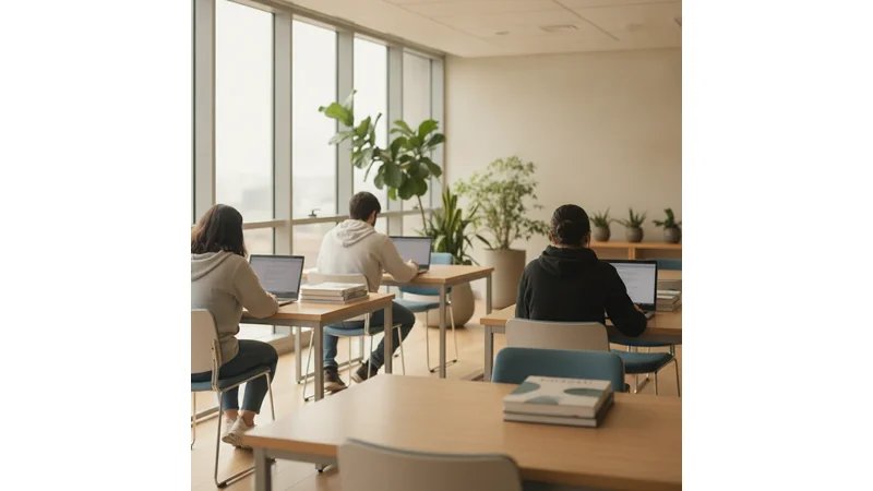Foto de estudante universitária com expressão de dúvida, olhando para livros e notebook, representando momento de decisão sobre como fazer TCC