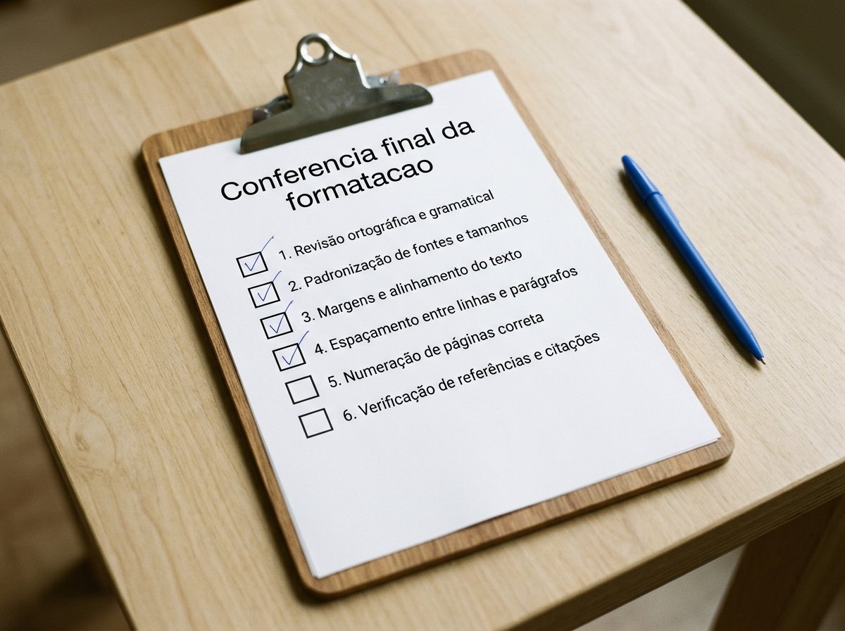 Prancheta com lista de conferencia final de formatacao e caneta azul