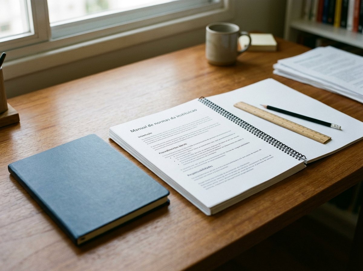 Documento encadernado em espiral aberto sobre mesa de estudo ao lado de notebook e regua