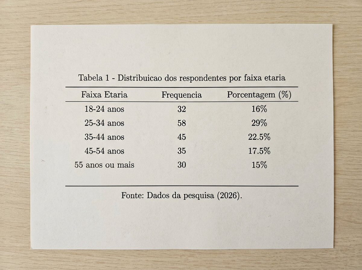 Tabela ABNT impressa sem linhas verticais nas laterais, com titulo acima e fonte abaixo