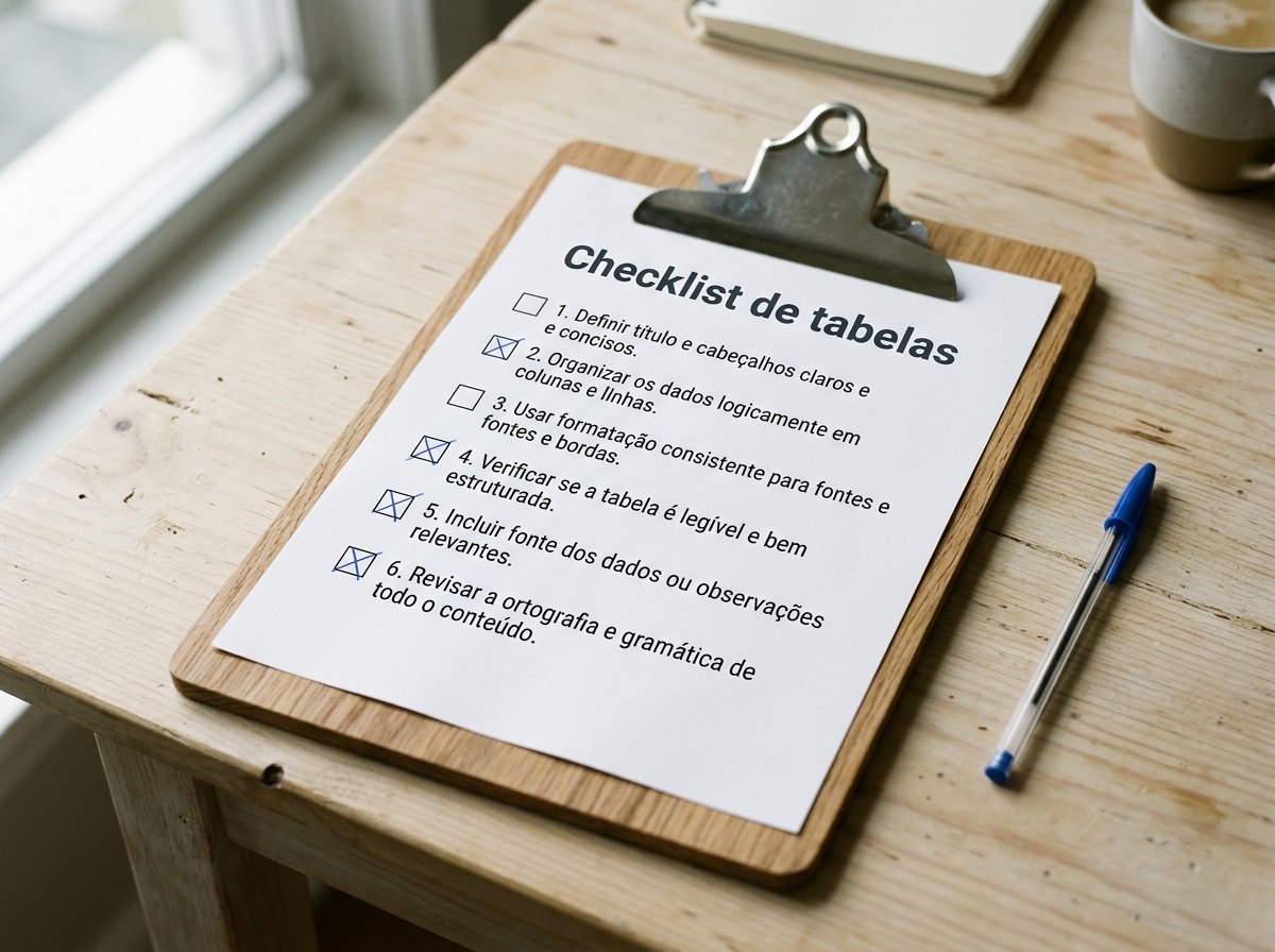 Prancheta com lista de verificacao de tabelas e caneta azul ao lado