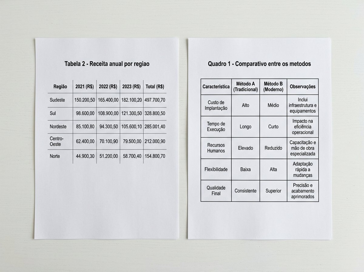 Comparacao entre tabela ABNT sem bordas laterais e quadro com moldura fechada