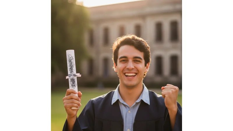 Estudante celebrando aprovação em segunda defesa de TCC, com diploma ou certificado visível