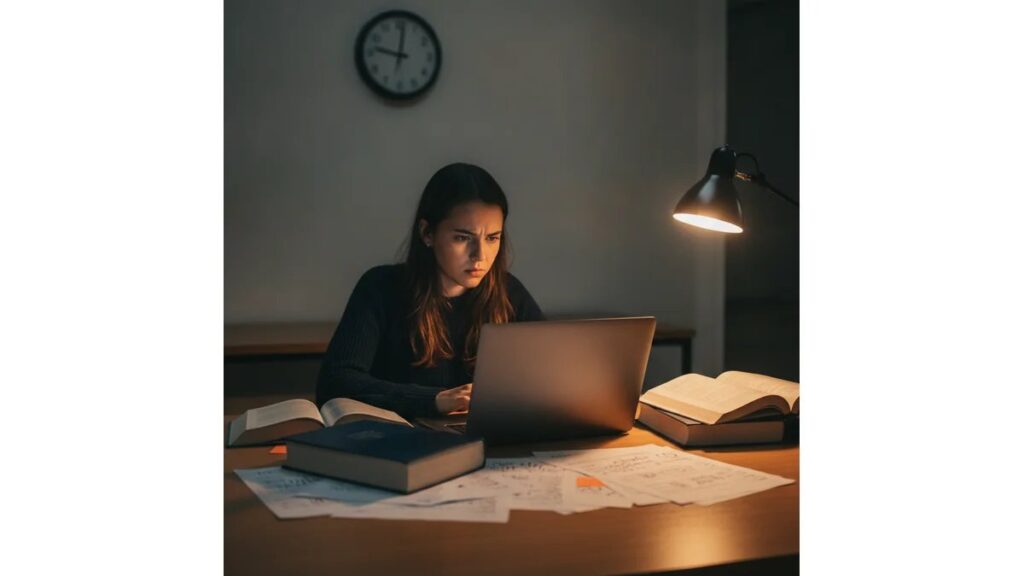 Tcc atrasado o que fazer: estudante universitário em pânico olhando para laptop com documentos espalhados, relógio marcando prazo