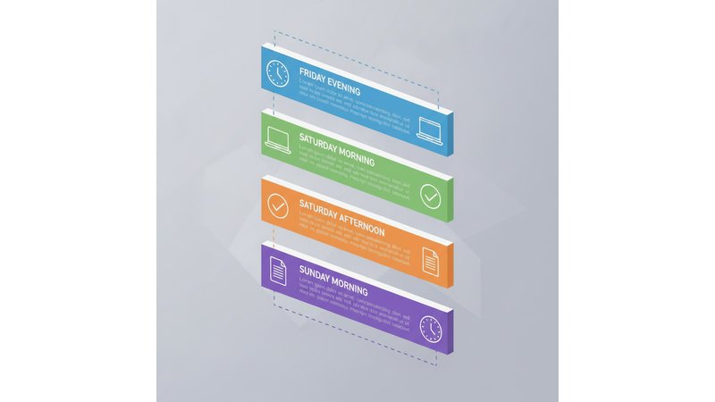 Timeline visual de 48 horas dividida em blocos de trabalho (sexta à noite, sábado manhã, sábado tarde, domingo manhã), com tarefas específicas em cada bloco e cores diferentes para cada fase (planejamento, escrita, revisão).