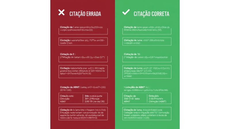 Tabela comparativa mostrando Citação Errada vs Citação Correta com 4 exemplos jurídicos reais. Lado esquerdo em vermelho (errado), lado direito em verde (correto).