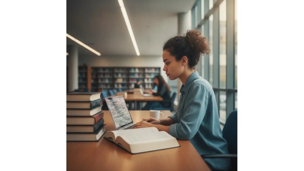 Estudante de Direito pesquisando legislação tributária em computador, com livros de direito ao fundo em biblioteca acadêmica moderna