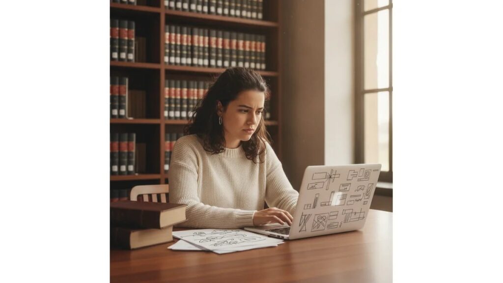 Como fazer tcc direito ufpr: estudante de Direito trabalhando em seu TCC, com livros jurídicos, computador e anotações sobre estrutura