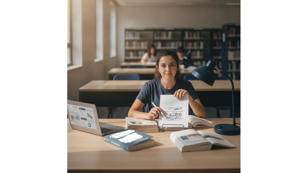 Estudante de pedagogia pesquisando Como Fazer um TCC Pedagogia Educação Infantil em biblioteca universitária moderna
