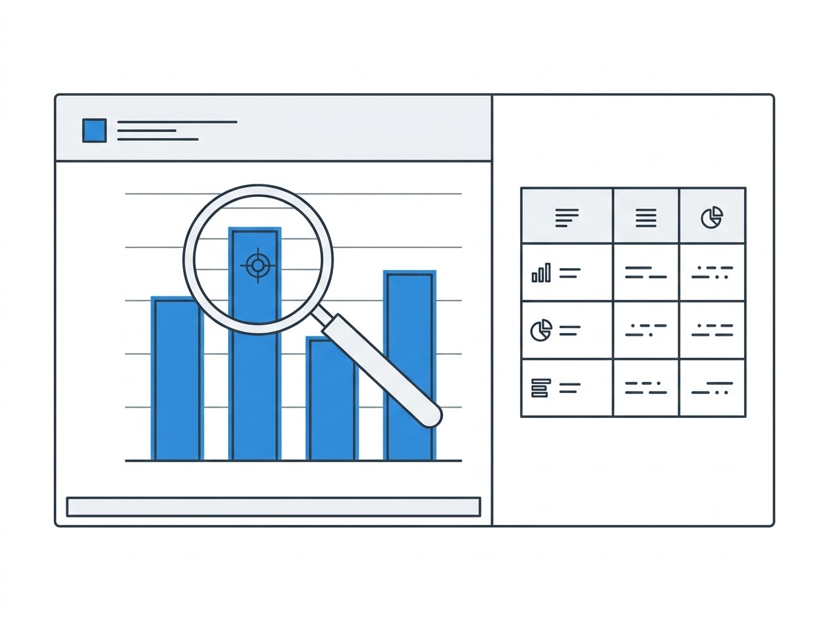Painel com gráfico de barras e tabela de resultados sob uma lupa