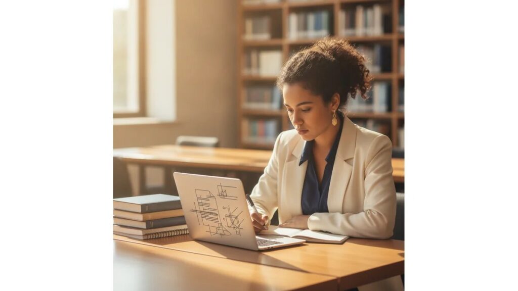 Estudante universitária trabalhando em como fazer tcc faveni com laptop, livros e anotações sobre estrutura ABNT em mesa de estudo organizada