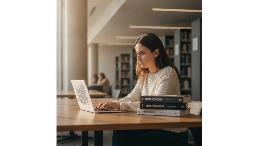Estudante de Fisioterapia pesquisando em computador na biblioteca universitária, com livros de Ortopedia ao lado, consultando bases acadêmicas para TCC