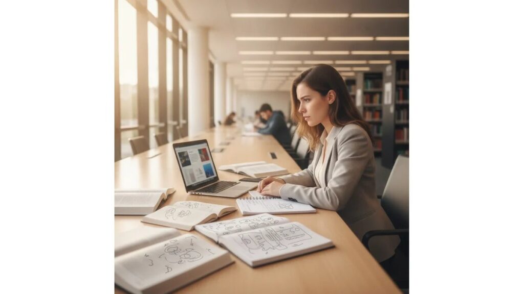 Tcc pedagogia ufscar: estudante de Pedagogia em biblioteca preparando TCC, com anotações e laptop, ambiente acolhedor e produtivo