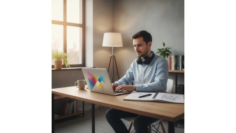 Ilustração mostrando um aluno em frente ao computador durante uma defesa virtual, com a câmera ligada e slides ao fundo