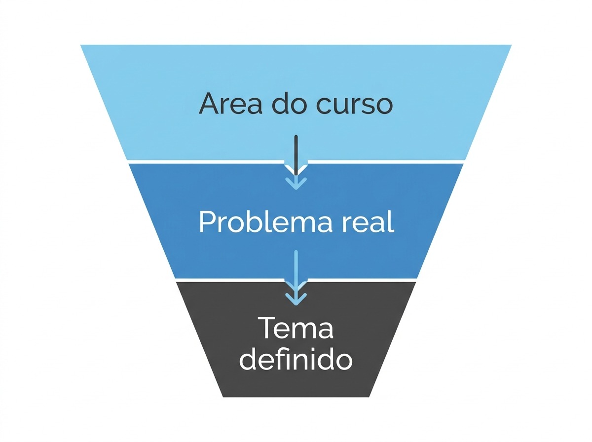 Funil de escolha do tema: area do curso, problema real e tema definido