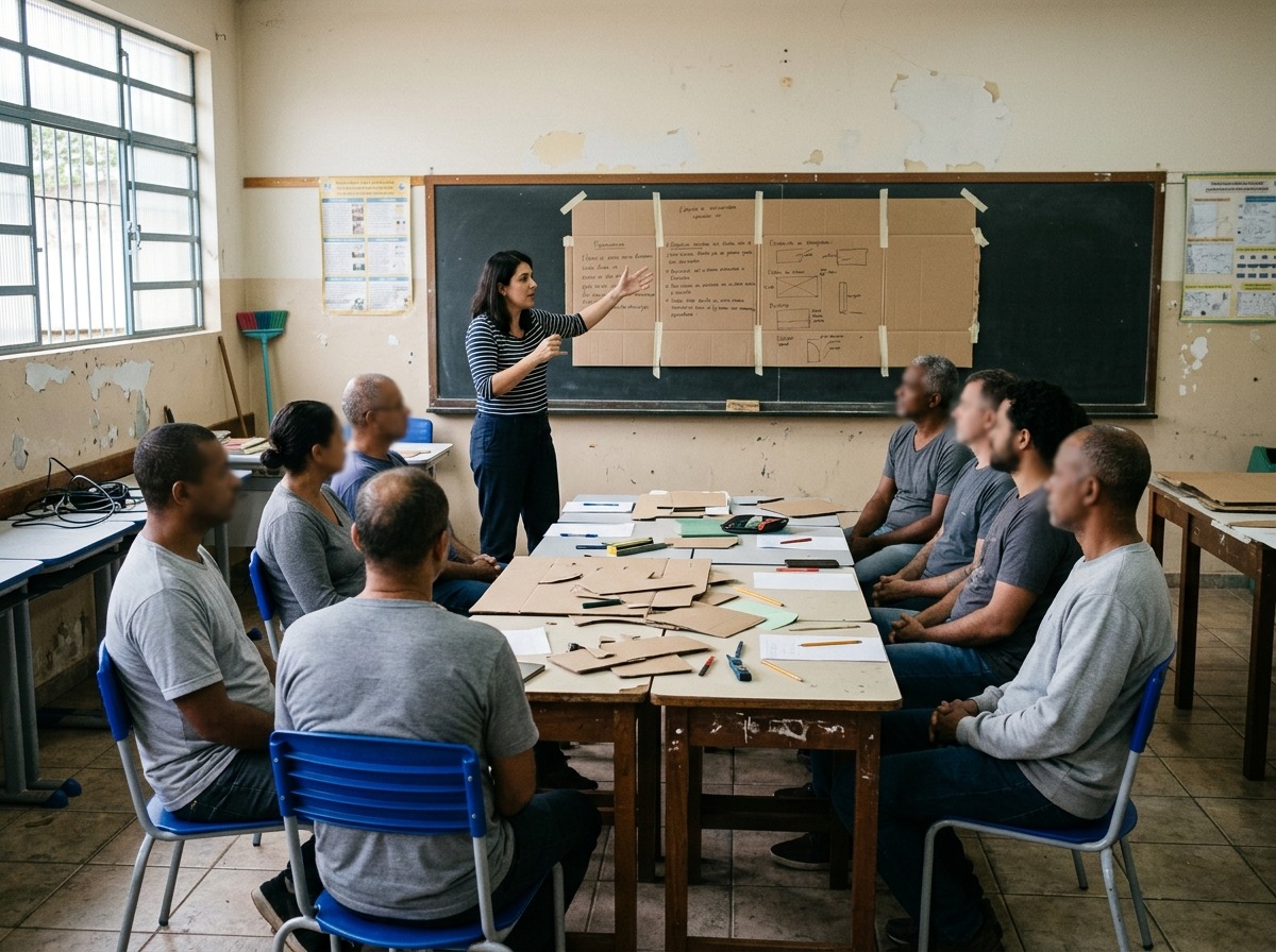 Oficina pratica sendo conduzida em sala de escola