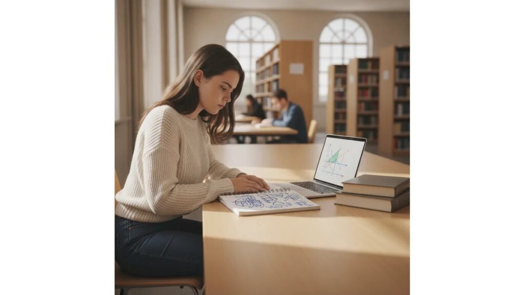 Estudante universitária brasileira analisando opções de tipos de TCC em mesa de estudo moderna com notebook, livros e anotações